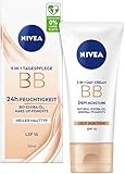 NIVEA 5 IN 1 Tagespflege BB 24h Feuchtigkeit LSF 15, getönte Tagescreme für helle Hauttypen, Gesichtscreme mit Bio Jojoba-Öl und Make-Up Pigmenten