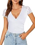 Gyabnw Oberteile Damen Kurzarm mit V-Ausschnitt und Spitzenrand Sommer Bluse mit...