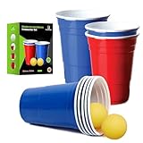 FLORISA 50 Blaue & Rote Plastikbecher Mehrweg + 10 Tischtennisbälle - 473ml /...