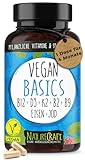 Vegan Basics - Vitamin B12+D3+K2+B2+B9 Folsäure + Eisen + Jod - Komplex mit 120...