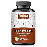 Raibu Cordyceps Kapseln hochdosiert 200 Kapseln mit 2100 mg Pilz Extrakt (10:1) pro Tagesdosis (21.000mg Cordyceps) - 40% Polysaccharide - Cordyceps Sinensis mit schwarzer Pfeffer laborgeprüft & Vegan