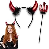 ROSAUI Halloween Teufelshörner und Zauberstab, Karneval Teufel Kostüm Damen,...