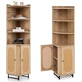 KOMFOTTEU Bücherschrank Rattan, Eckschrank Holz mit 2 PE-Rattantüren,...
