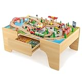 COSTWAY 84-teiliges Kinder Eisenbahn Set, Spieltisch aus Holz mit umkehrbarer &...