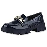 VAN HILL Damen Loafers Blockabsatz Ketten Trendy Schuhe 213470 Dunkelblau Lack...