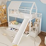 Becag Kinderbett Etagenbett 90x200 für 2 Kinder, Hausbett Hochbett mit Treppe &...