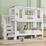 90 x 200cm Etagenbett, Kinderbett mit Aufbewahrungstreppe, Exquisite Fenster,...