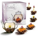 Creano Teeblumen Geschenkset - Erblühtee mit 500ml Glaskanne & 6x Schwarzer Tee...