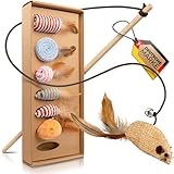 Katzenspielzeug Natur 7 Teile Set, Maus aus Plüsch und Sisalseil mit Federn...