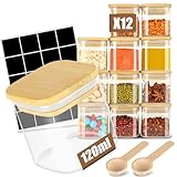Withosent 12er Vorratsdosen Glas Set, 120ml Gewürzgläser Eckig Holzdeckel,...