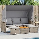 Willood Outdoor Sofa 3 Sitzer mit Dach und Hockern Grau Poly Rattan