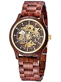 Alienwork Automatikuhr Armbanduhr Herren Rot Holz-Armband Schwarz Skelett...