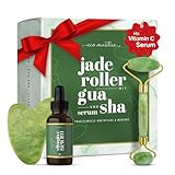 Jade Roller mit Vitamin C Serum & Gua Sha - Premium Jade Stein - Massage Roller...