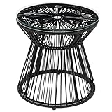 Outsunny Beistelltisch aus PE Rattan runder Couchtisch mit Glastischplatte...