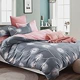 Bettwäsche 135x200 Baumwolle Set 4teilig Grau Rosa Blumen Muster...
