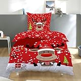 Weihnachts Bettwäsche rot mit Rentier Motiv Set 2-teilig - Decken- und...