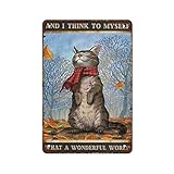 Retro Metall Blechschild Herbst Blätter und Katze What A Wonderful World Poster...