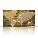 WINTINI LED Weltkarte Holz 100 x 50 cm 3D Effekt - beleuchtete Vintage...