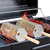 ivtivfu Nestbar Rollender Grillkorb, Abnehmbarer Holzgriff, Edelstahl 304,...