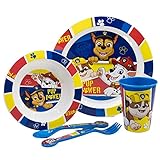 5-TEILIGES KINDERGESCHIRRSET. TELLER, SCHÜSSEL, 260ML GLAS UND BESTECK....