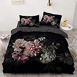 Luowei Bettwäsche Blumen 135x200cm Schwarz Vintage Floral Blüten Bettbezug Set...