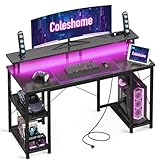 Coleshome Gaming Tisch mit LED-Beleuchtung, Gaming Schreibtisch mit 2 Steckdosen...