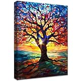 Bunter Baum des Lebens Leinwand Bilder Mit Rahmen Abstrakt Rot Gelb Blau...