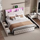 PerGar Polsterbett Doppelbett, Bett mit LED Beleuchtung, Ladestation & 4...