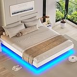 Brinlawb Bett 140x200 mit Lattenrost aus Holz, Bettgestell 140x200 cm mit LED...