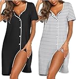 Ekouaer 2er Nachthemd Zum Knöpfen Baumwolle Damen Nachthemd Kurzarm Schlafshirt...