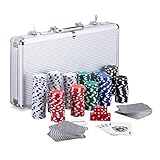 Relaxdays Pokerkoffer, 300 Laser Pokerchips, 2 Kartendecks, 5 Würfel, Dealer...