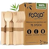 FOOGO Green 75-teiliges Einweg-Holzbesteck-Set, 50x Gabeln, 50x Löffel, 50x...