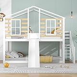 Kinderbett Baumhaus mit Treppe und Rutsche, Etagenbett mit Fenster und 1X...