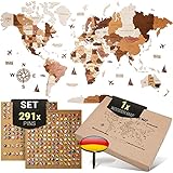 WOW WOOD Premium Wanddeko 3D Weltkarte Holz in Deutsch mit Pins | Werkzeuglose...