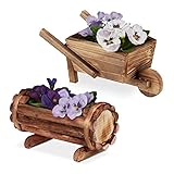 Relaxdays Pflanzengefäß Holz, 2 Stück, Pflanzschubkarre & halbes Blumenfass,...