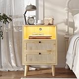 AOGLLATI 1er Set Rattan Nachttisch mit LED-Leuchten, Holz Beistelltisch, LED...