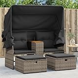 Willood Gartensofa 2-Sitzer mit Dach und Hockern Grau Poly Rattan mit Vordach...