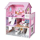 FIVMEN Puppenhaus Holz Dollhouse 3 Etagen Puppenhäuser mit Möbeln und diversen...