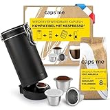 CAPS ME - Komplettset Nachfüllbare Kapseln für Nespresso Original (1 Shaker + 3 Wiederverwendbare Edelstahlkapseln + 48 Papierdeckel + Premium Kaffee) - Sparsam & Umweltfreundlich