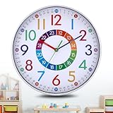 JIZZU Kinder Wanduhr Ohne Tickgeräusche, 30cm Bunt Zahlen Wanduhr, Lernende...