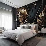 Fototapete Vlies Tapete Gold Schwarz Blätter Monstera Fototapeten Vliestapete...
