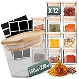 Stapelbare Gewürzgläser Set 150 ml Eckig - 12 Stück - Vorratsdosen aus Glas...