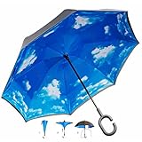 GOODS+GADGETS® Umgedrehter Regenschirm mit blauem Himmel und C-Griff für freie...