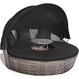 COSTWAY Sonneninsel Rattan mit Dach und Tisch, Sonnenliege für 2 Personen,...