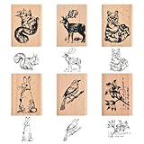 6 Stück Holz Tierstempel, Pflanze Tiere Gummistempel aus Holz, Waldtiere...
