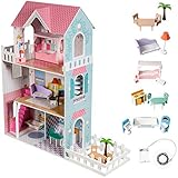 mamabrum Puppenhaus Holz XXL 123 cm mit LED – Großes Puppenhaus ab 3 Jahre...