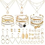 QBilooty 43 Stück Gold Schmuckset für Mädchen und Damen, mit 3 Halsketten, 12...