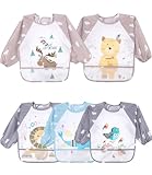 TIDEVAN Baby Lätzchen mit Lange Ärmeln mit Großer Tasche,5 Pack Wasserdicht...