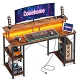 Coleshome Gaming Tisch mit LED-Beleuchtung, Computertisch mit 2 Steckdosen & 2...