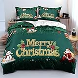 Gezu Bettwäsche Weihnachten 155x220cm Dunkelgrün Rot Rentiere Schneeflocken...